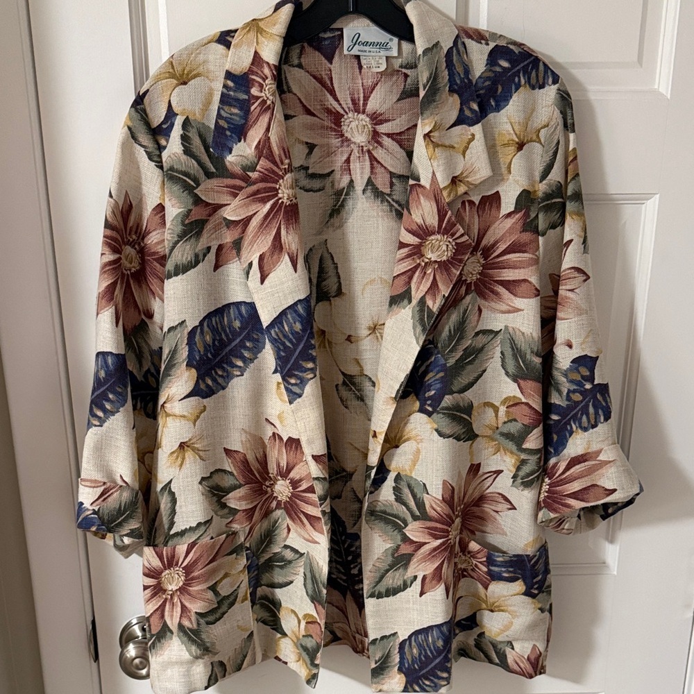Vintage Joanna Tropical Floral Oversized Slouchy Open Blazer Size Medium